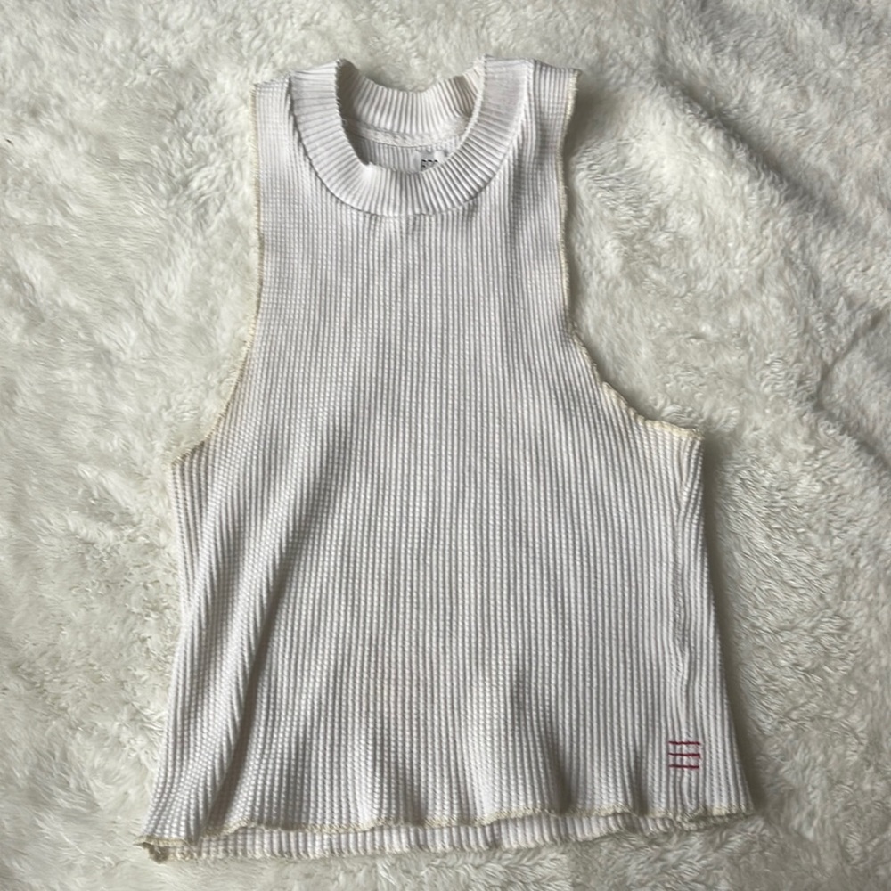 BDG Cropped Cream Tank Top with Light Yellow Trip and High Neckline